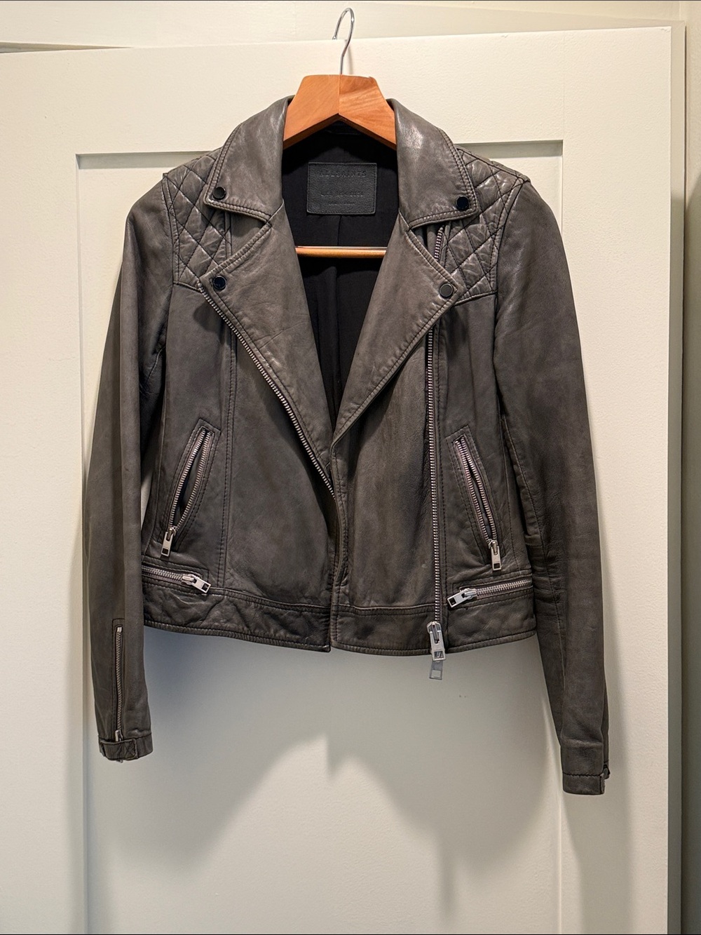 AllSaints Black/Gray Leather Moto Jacket with Quilted Shoulders Size 4